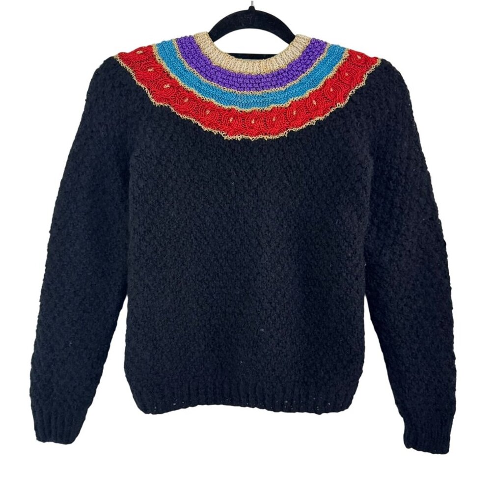 Vtg Rare Henri Bendel Italy Wool Sweater Hand Crochet Yoke Shirley Caracciolo‎ S